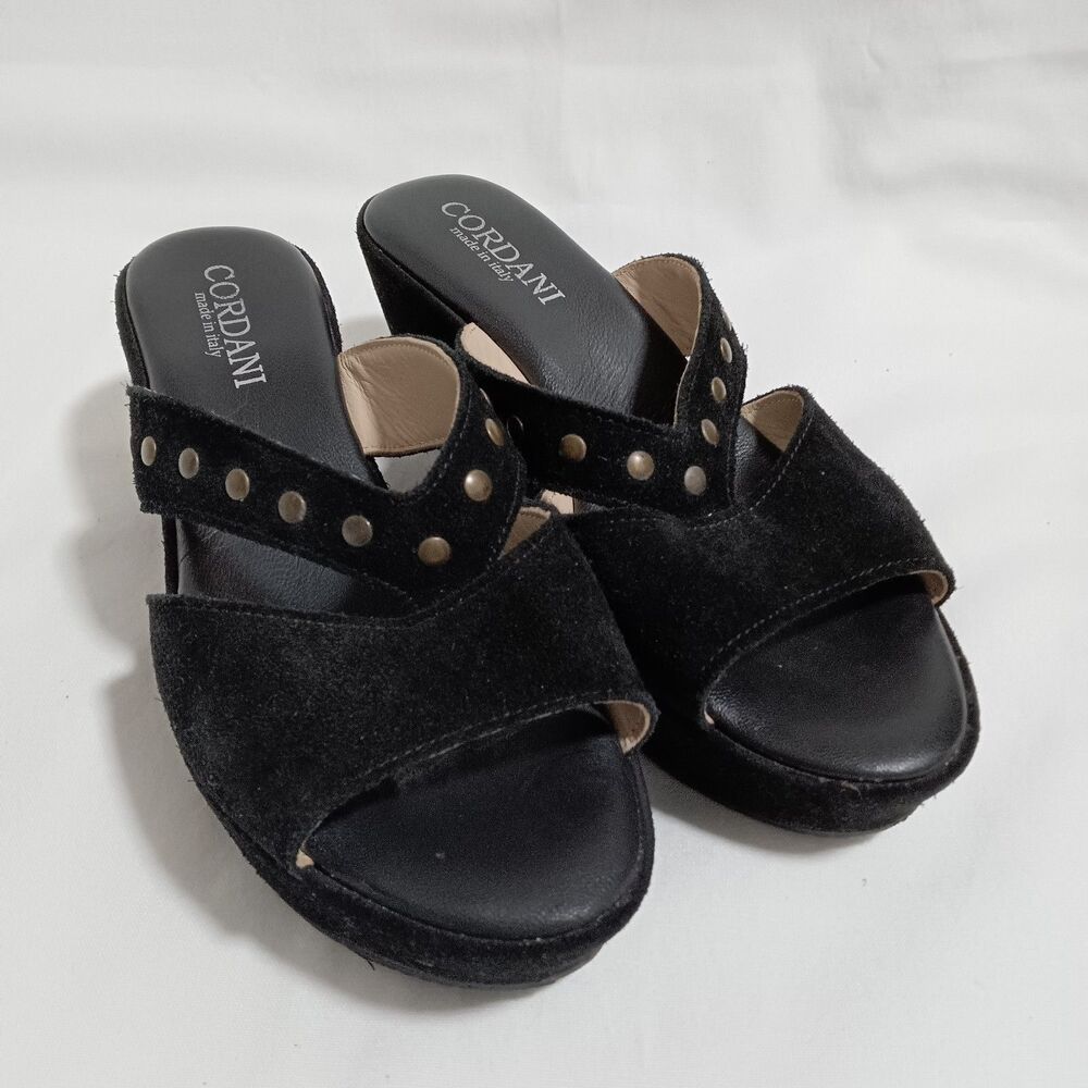 CORDANI  Black Suede Size Slide Platform Wedge Sandals Studded Shoes 9 US
